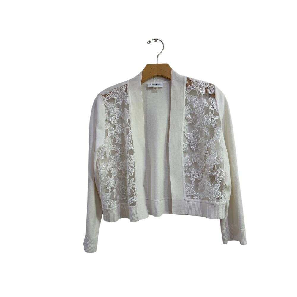Calvin Klein Off White Lace Open Front Cropped Knit Cardigan Sweater Size M